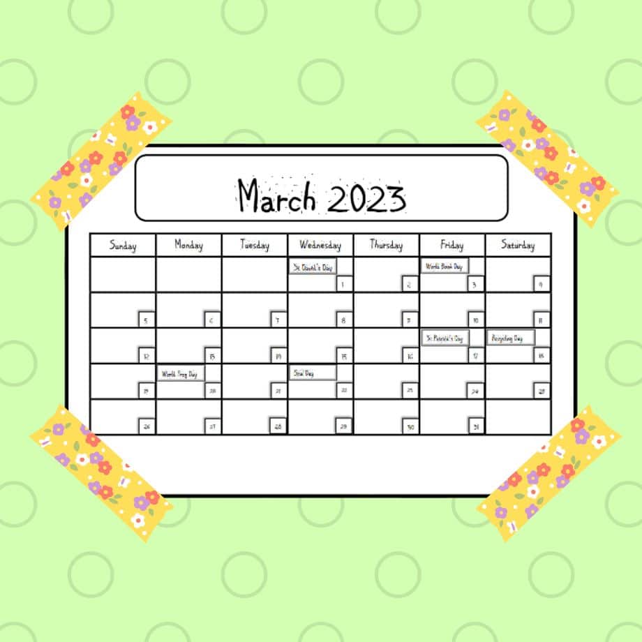 March Special Day Free Calendar Petal Resources